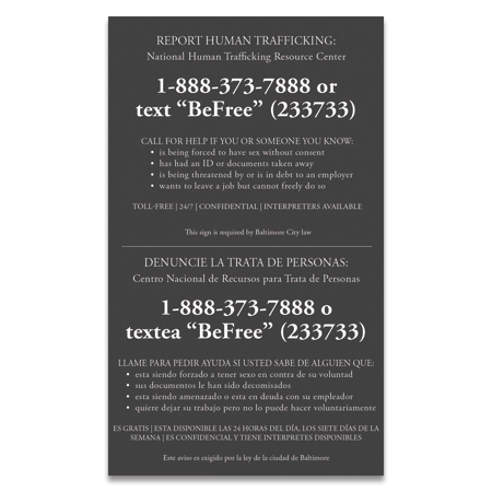 Baltimore, Maryland Large Human Trafficking Notice - Acrylic