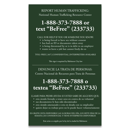 Baltimore, MD Code - Human Trafficking Notice - Celtec Material
