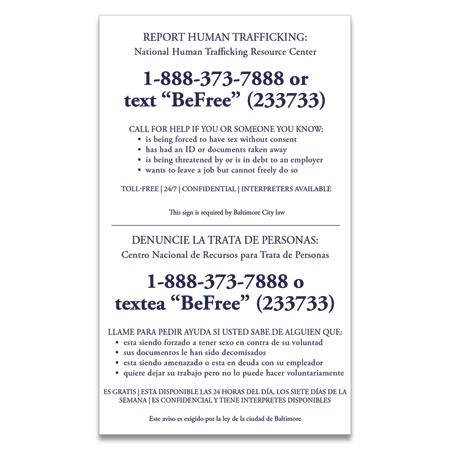 Baltimore MD Code - Human Trafficking Notice - Celtec Material