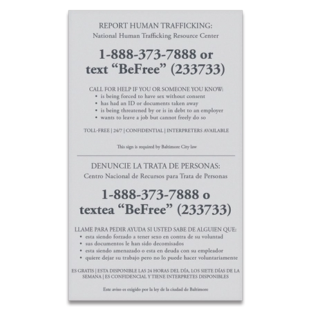 Baltimore, MD Code - Human Trafficking Notice - Acrylic Material
