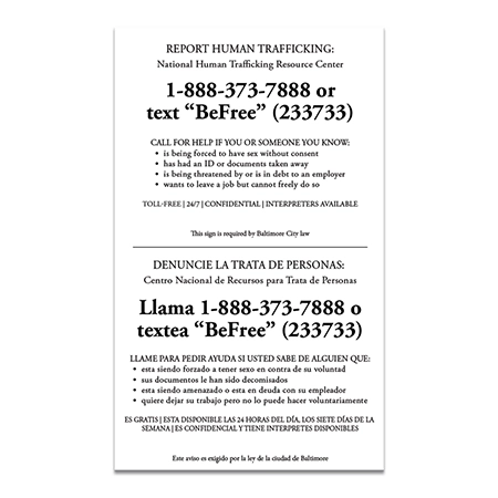 Baltimore, MD Code - Human Trafficking Notice - Acrylic Material