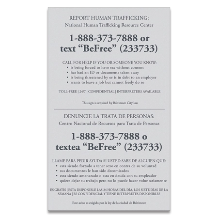 Baltimore, MD Code - Human Trafficking Notice - Celtec Material