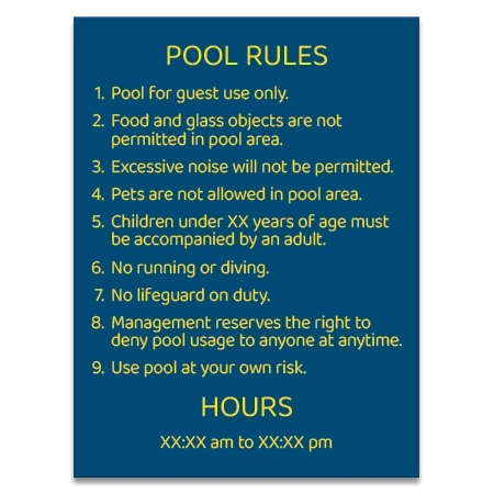 Pool Rules Sign w/Hours