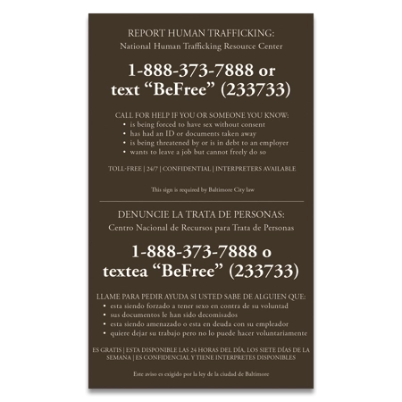 Baltimore, Maryland Large Human Trafficking Notice - Acrylic