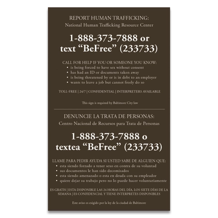Baltimore, MD Large Human Trafficking Sign - Celtec