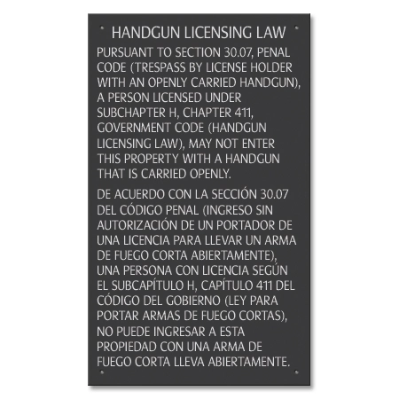 Handgun Licensing Law Sign (30.07) - Open Carry