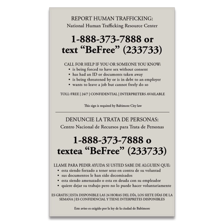 Baltimore, MD Code - Human Trafficking Notice - Acrylic Material