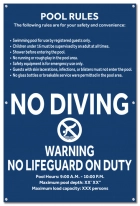 Pool Rules Sign w/ 4.5" No Diving Symbol