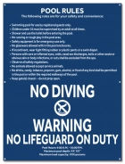 Pool Rules Sign w/ 5" No Diving Symbol