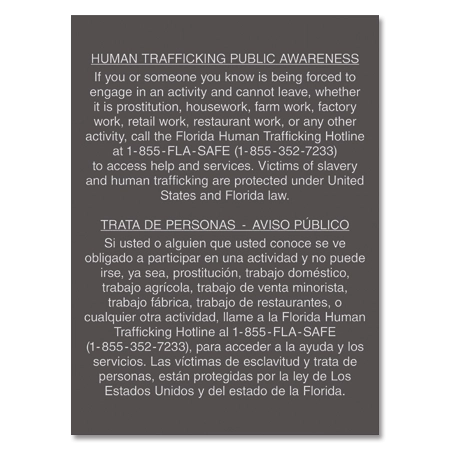 Human Trafficking Notice - Florida Code (English/Spanish Version)