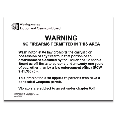 Washington Code - No Firearms Permitted Warning