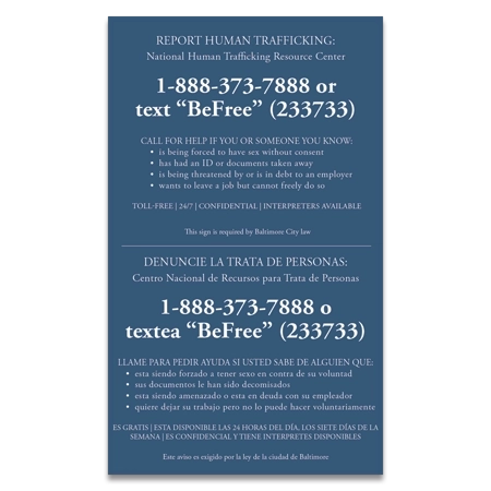 Baltimore, Maryland Large Human Trafficking Notice - Acrylic