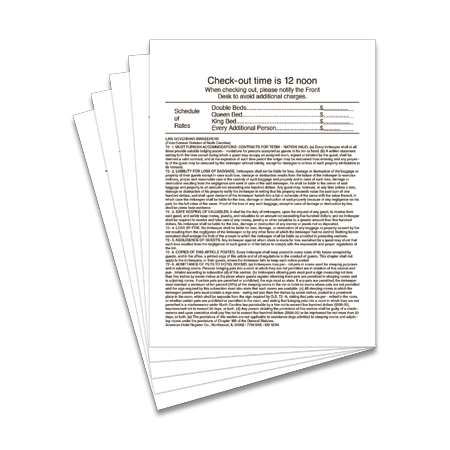 Law Card w/Rates, Laws, & Check-out Time (Paper) - 5 Pk