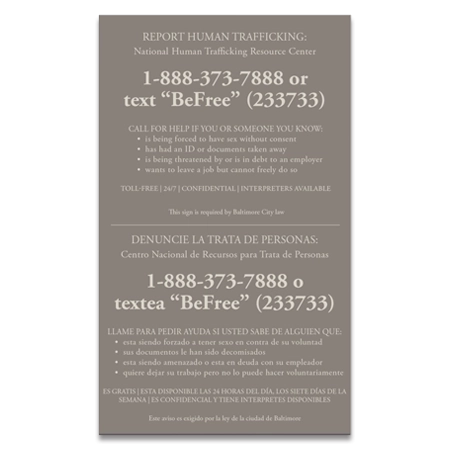 Baltimore, MD Code - Human Trafficking Notice - Celtec Material