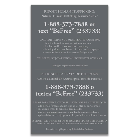 Baltimore, MD Code - Human Trafficking Notice - Acrylic Material
