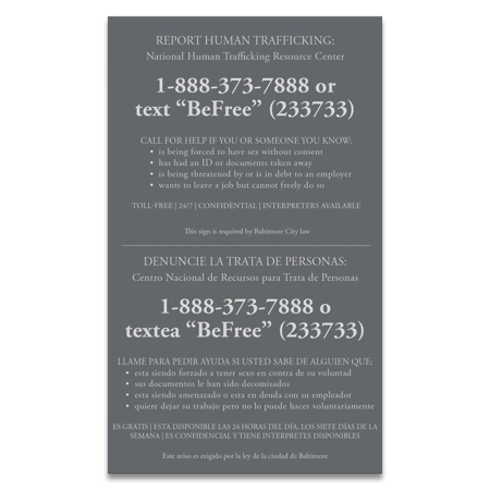 Baltimore, MD Code - Human Trafficking Notice - Celtec Material