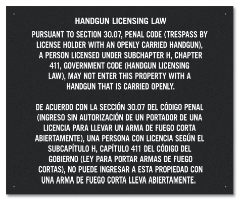 Handgun Licensing Law Sign (30.07) - Open Carry
