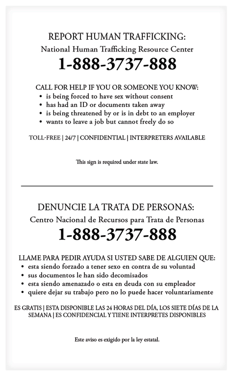 Maryland Human Trafficking English Spanish Notice Sign