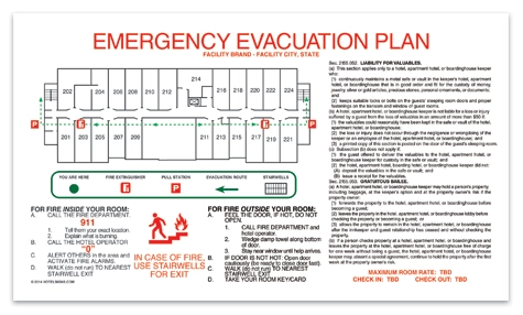Evacuation Plan w/3 color flip art, state laws, & room rates