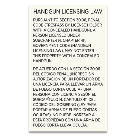 Handgun Licensing Law Sign (30.06) - Concealed Carry