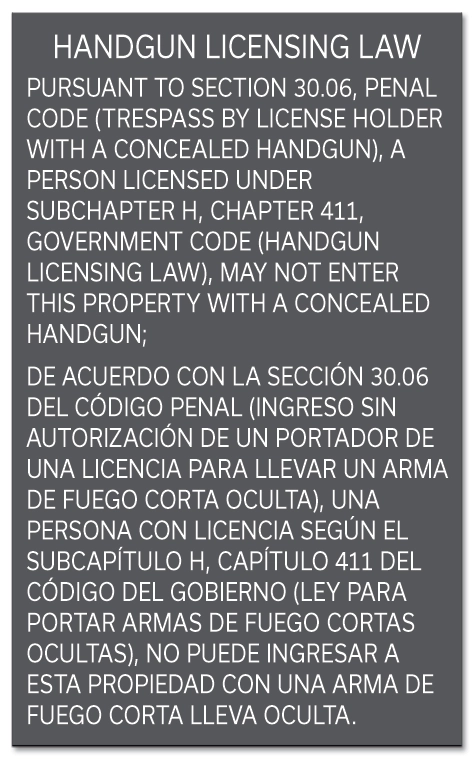 Handgun Licensing Law Sign (30.06)