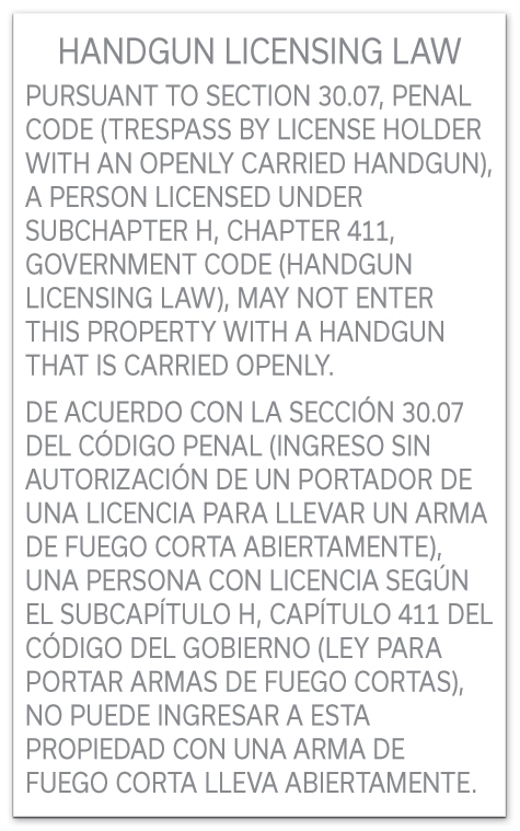 Handgun Licensing Law Sign (30.07)