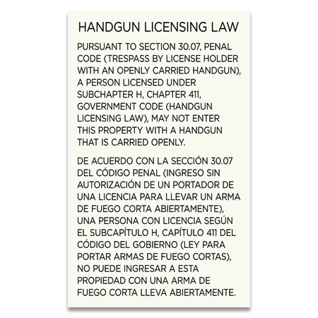 Handgun Licensing Law Sign (30.07) - Open Carry