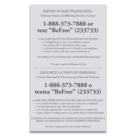 Baltimore, MD Code - Human Trafficking Notice - Celtec Material