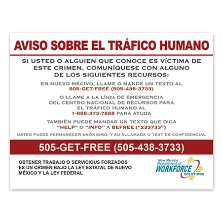 New Mexico Human Trafficking Notice - Spanish