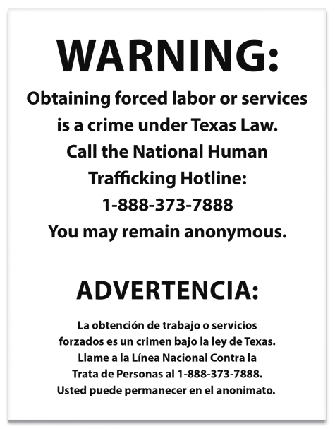 Texas Bilingual Human Trafficking Notice - Acrylic