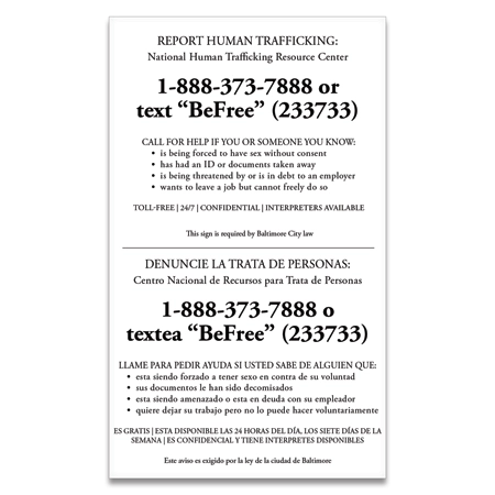 Baltimore, Maryland Large Human Trafficking Notice - Acrylic