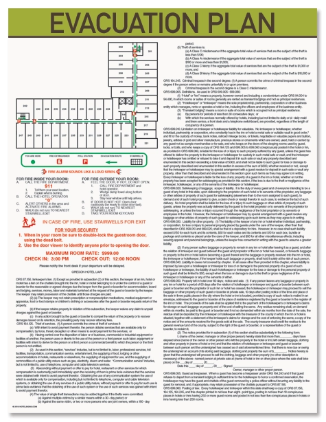Evacuation Plans w/State Laws, Flip Art & Check In/Out Times - Oregon Code