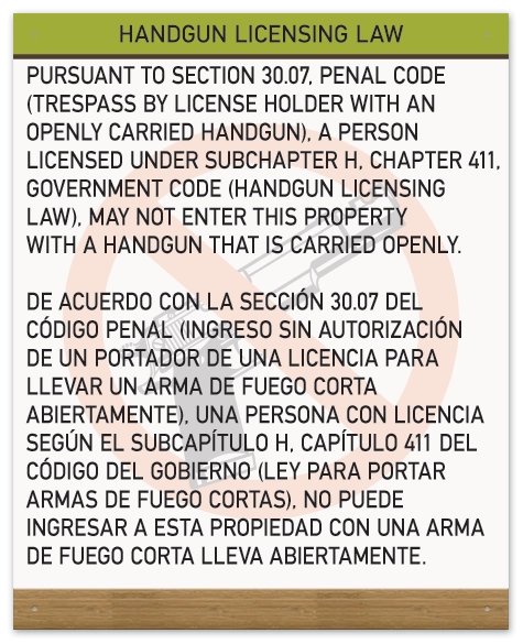 Handgun Licensing Law Sign (30.07) - Symbol