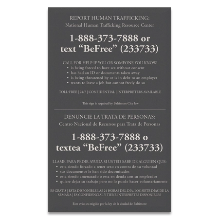 Baltimore, MD Code - Human Trafficking Notice - Celtec Material