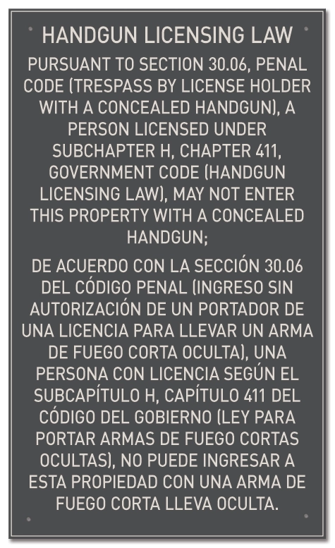 Handgun Licensing Law Sign (30.06)