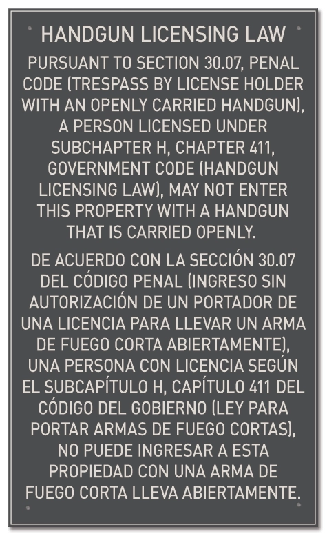 Handgun Licensing Law Sign (30.07) - Open Carry