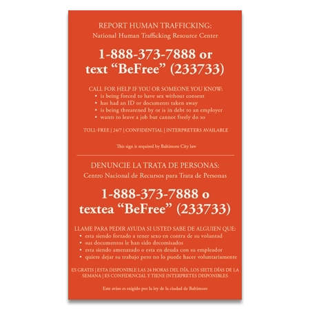 Baltimore, Maryland Large Human Trafficking Notice - Acrylic