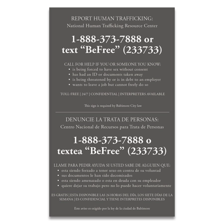 Baltimore, Maryland Large Human Trafficking Notice - Acrylic
