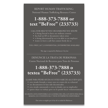 Baltimore, MD Large Human Trafficking Sign - Celtec