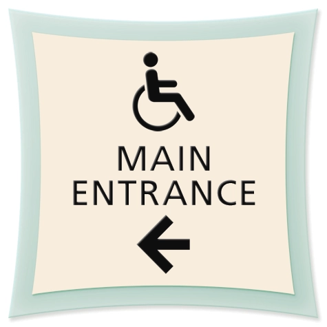 Main Entrance Directional (Standard handicap-accessible symbol, left pointing arrow)