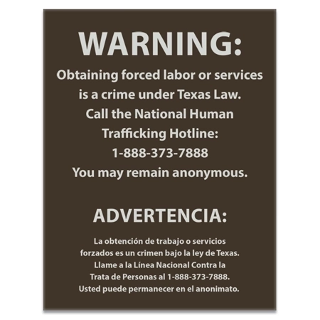 Texas Code - Human Trafficking Notice - Acrylic Material