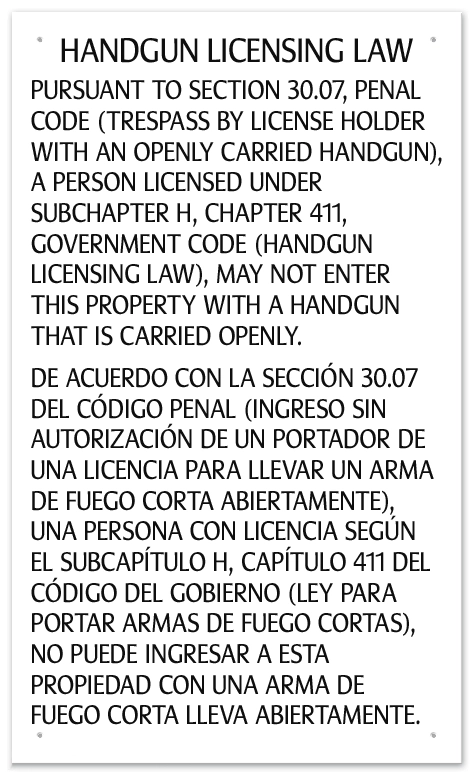Handgun Licensing Law Sign (30.07) - Open Carry