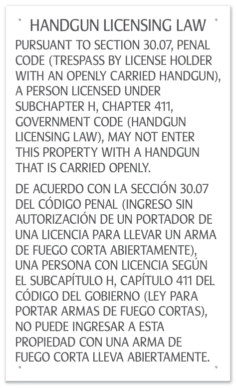 Handgun Licensing Law Sign (30.07) - Open Carry