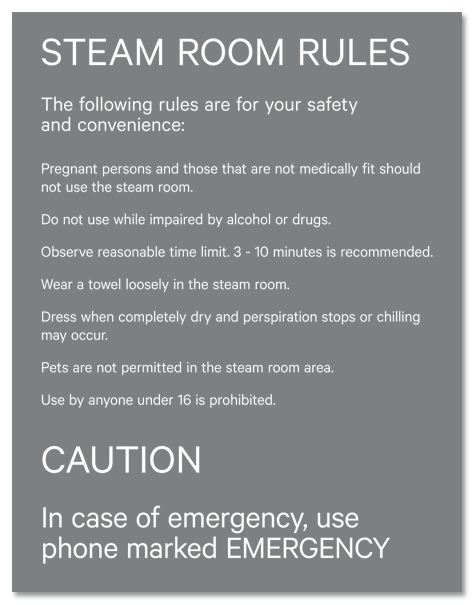 Steam Room Rules Sign