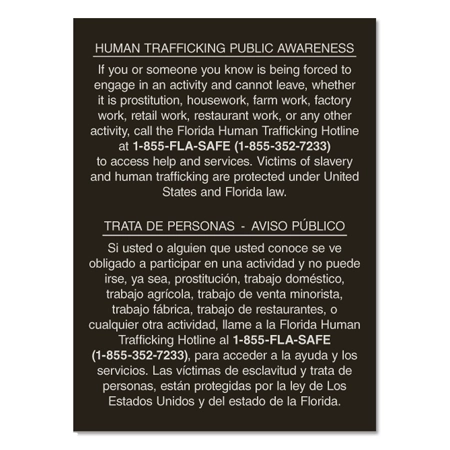 Florida Code - Human Trafficking Notice - Acrylic Material