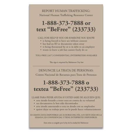 Baltimore, Maryland Large Human Trafficking Notice - Acrylic