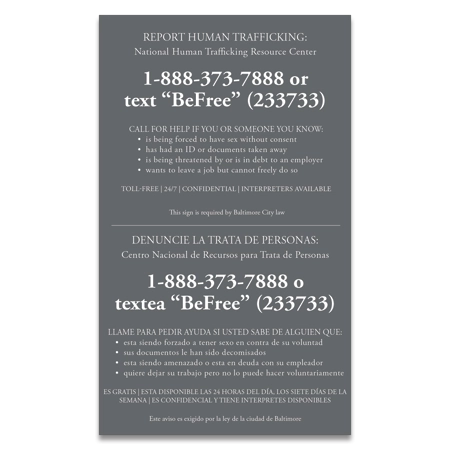Baltimore, Maryland Large Human Trafficking Notice - Acrylic