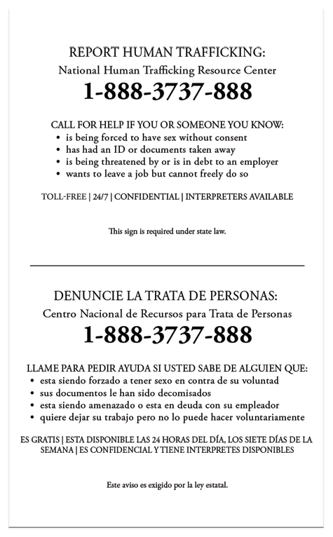 Maryland Human Trafficking English Spanish Notice Sign
