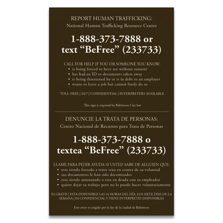 Baltimore, Maryland Large Human Trafficking Notice - Acrylic