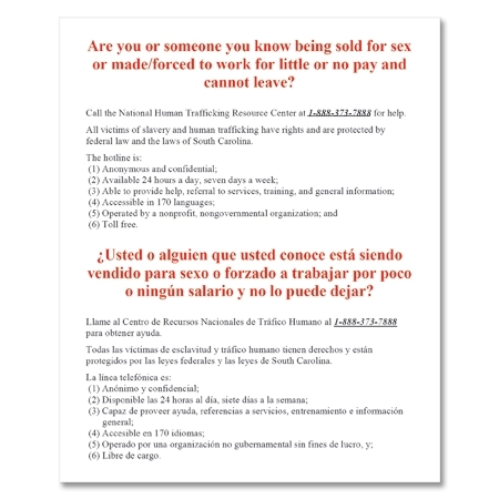 SC Human Trafficking English/Spanish Plastic Sign